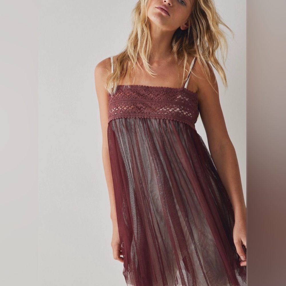 FP Intimatley Free People Keep Talking Sheer Mesh Embroidered Slip Wine Plum
